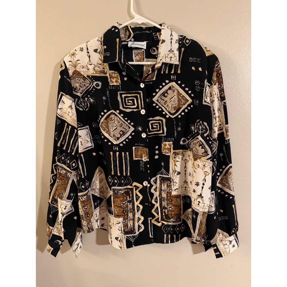 Joanna Women's XLarge Black Gold Abstract Print Button Up Long Sleeve Shirt